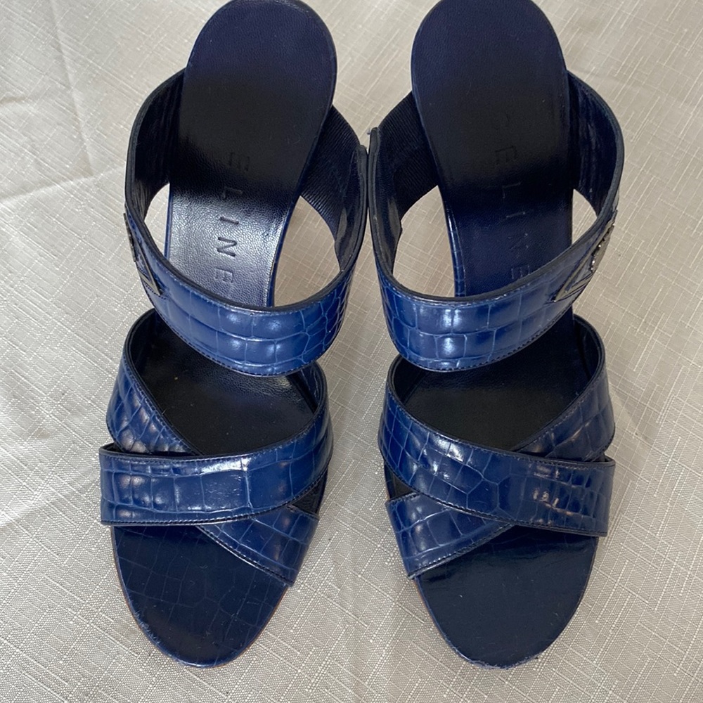 Vintage Celine navy embossed leather with wooden high heels, silver emblem logo